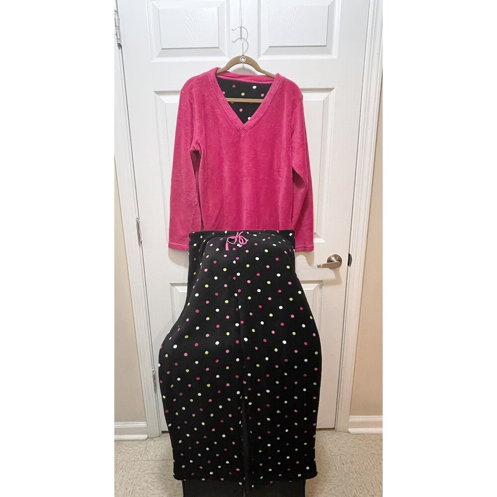 Womens Pajamas Set 2 Piece Fleece Size L Pink and Black Polkadot